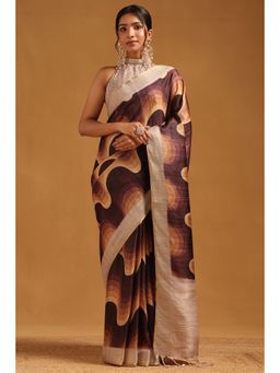 Soch - Women Brown Tussar Digital Printed Saree with Unstitched Blouse