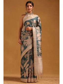 Soch - Women Teal Tussar Floral Printed Saree with Unstitched Blouse