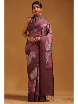 Soch - Women Wine Tussar Floral Printed Saree with Unstitched Blouse