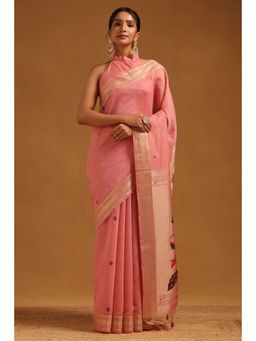 Soch - Women Blush Pink Chanderi Floral Woven Design Saree with Unstitched Blouse