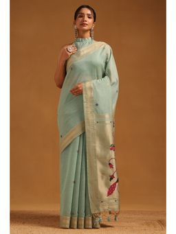 Soch - Women Powder Blue Chanderi Floral Woven Design Saree with Unstitched Blouse