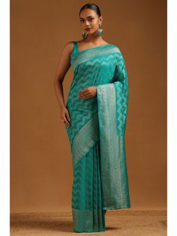 Soch - Women Teal Georgette Zari Woven Saree with Unstitched Blouse