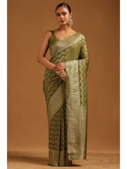 Soch - Women Olive Georgette Zari Woven Saree with Unstitched Blouse