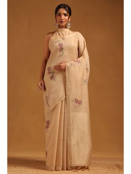 Soch - Women Beige Chanderi Floral Woven Design Saree with Unstitched Blouse
