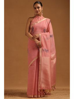 Soch - Women Pink Chanderi Floral Woven Design Saree with Unstitched Blouse