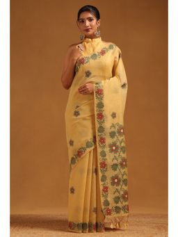 Soch - Women Yellow Chanderi Floral Woven Design Saree with Unstitched Blouse