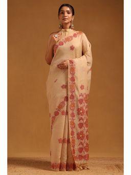 Soch - Women Beige Chanderi Floral Woven Design Saree with Unstitched Blouse