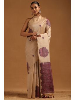 Soch - Women Wine-Beige Tussar Floral Woven Design Saree with Unstitched Blouse