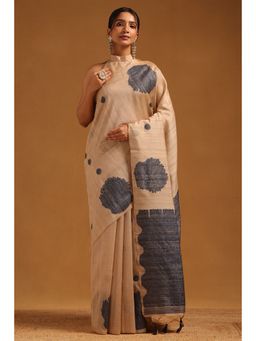 Soch - Women Navy Blue-Beige Tussar Floral Woven Design Saree with Unstitched Blouse