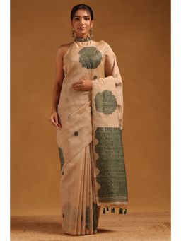 Soch - Women Green-Beige Tussar Floral Woven Design Saree with Unstitched Blouse