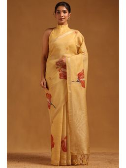 Soch - Women Yellow Chanderi Floral Hand Painted Design Saree with Unstitched Blouse