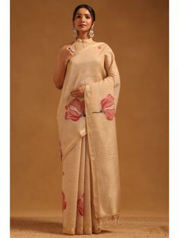 Soch - Women Beige Chanderi Floral Hand Painted Design Saree with Unstitched Blouse