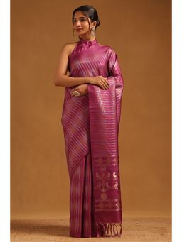 Soch - Women Wine Tussar Handloom Woven Design Saree with Unstitched Blouse