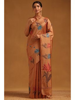 Soch - Women Rust Tussar Floral Printed Saree with Unstitched Blouse