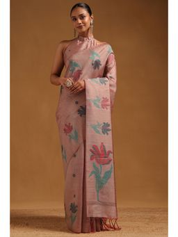 Soch - Women Pink Tussar Floral Printed Saree with Unstitched Blouse