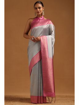 Soch - Women Light Grey Tussar Zari Woven Saree with Unstitched Blouse