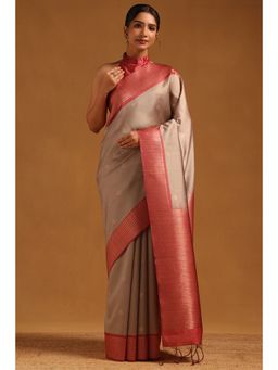 Soch - Women Beige Tussar Zari Woven Saree with Unstitched Blouse