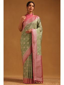 Soch - Women Sap Green Viscose Silk Floral Zari Woven Saree with Unstitched Blouse