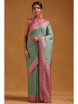 Soch - Women Sage Green Viscose Silk Zari Woven Saree with Unstitched Blouse