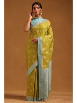 Soch - Women Olive Viscose Silk Floral Zari Woven Saree with Unstitched Blouse
