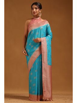 Soch - Women Blue Viscose Silk Floral Zari Woven Saree with Unstitched Blouse