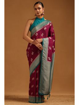 Soch - Women Wine Viscose Silk Floral Zari Woven Saree with Unstitched Blouse