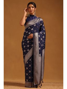 Soch - Women Navy Blue Viscose Silk Floral Zari Woven Saree with Unstitched Blouse