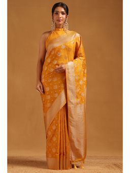 Soch - Women Mustard Viscose Silk Floral Zari Woven Saree with Unstitched Blouse