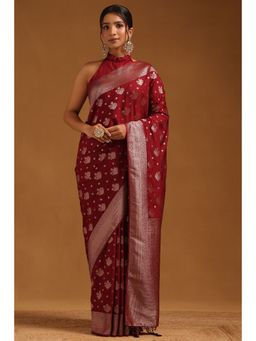 Soch - Women Maroon Viscose Silk Floral Zari Woven Saree with Unstitched Blouse