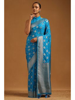 Soch - Women Blue Viscose Silk Floral Zari Woven Saree with Unstitched Blouse