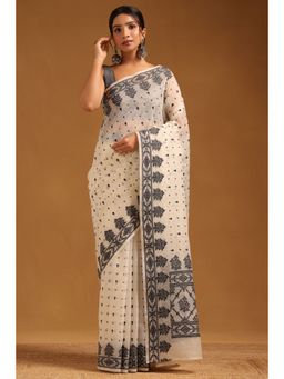 Soch - Women Off White Kota Floral Embroidered Saree with Unstitched Blouse