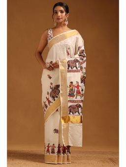 Soch - Women Off White Cotton Ethnic Motifs Printed Kasavu Saree with Unstitched Blouse