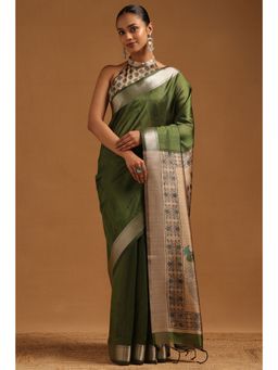Soch - Women Green Tussar Kalamkari Printed Saree with Unstitched Blouse