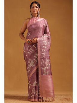 Soch - Women Onion Pink Tussar Warli Printed Saree with Unstitched Blouse