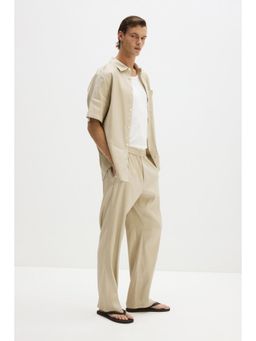 H&M - Men Beige Easy Care Regular Fit Linen-Blend Shirt