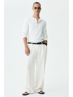 H&M - Men White Loose Fit Wide Linen Trousers