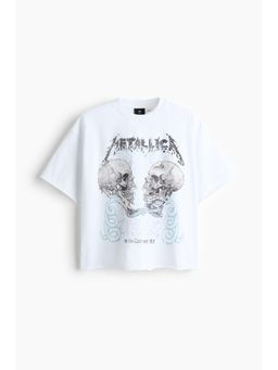 H&M - Men White Oversized Fit Printed Raw-Edge Cotton T-Shirt