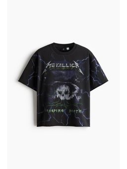 H&M - Men Black Oversized Fit Printed Raw-Edge Cotton T-Shirt