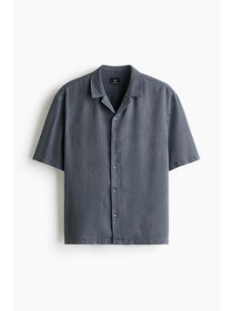 H&M - Men Grey Relaxed Fit Linen-Blend Resort Shirt