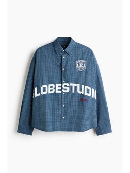 H&M - Men Blue Relaxed Fit Motif-Detail Cotton Shirt