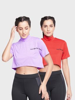 Clovia - Comfort Fit Text Print Turtleneck Active Crop Top Multi-Color (Pack of 2)