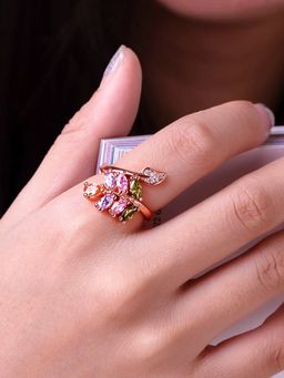 Yellow Chimes - Rose Gold-Toned and Pink CZ-Studded Adjustable Finger Ring