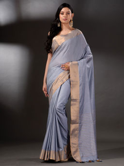 Arhi - Grey Blended Cotton Saree with Unstitched Blouse (Set of 2)