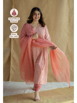 The Indian Ethnic Co. - Coral Hand Block Printed Slub Cotton Kali Kurta