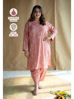 The Indian Ethnic Co. - Coral Hand Block Printed Slub Cotton Embroidered Kurta