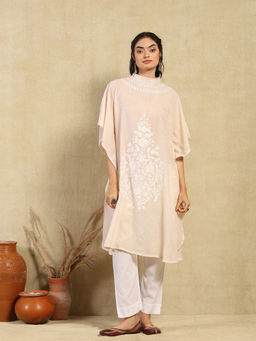 House of Chikankari - Cream Aari Embroidered Cotton Crushed Solid Women's Kaftan