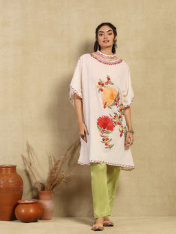 House of Chikankari - Cream Aari Embroidered Cotton Crushed Solid Women's Kaftan