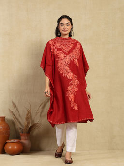 House of Chikankari - Red Aari Embroidered Cotton Crushed Solid Women's Kaftan