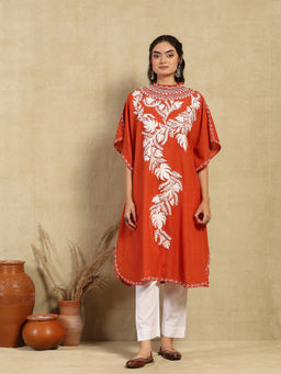 House of Chikankari - Orange Aari Embroidered Cotton Crushed Solid Women's Kaftan