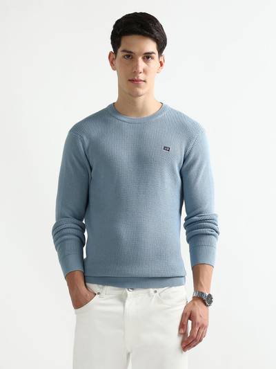 Men Blue Textured Sweater